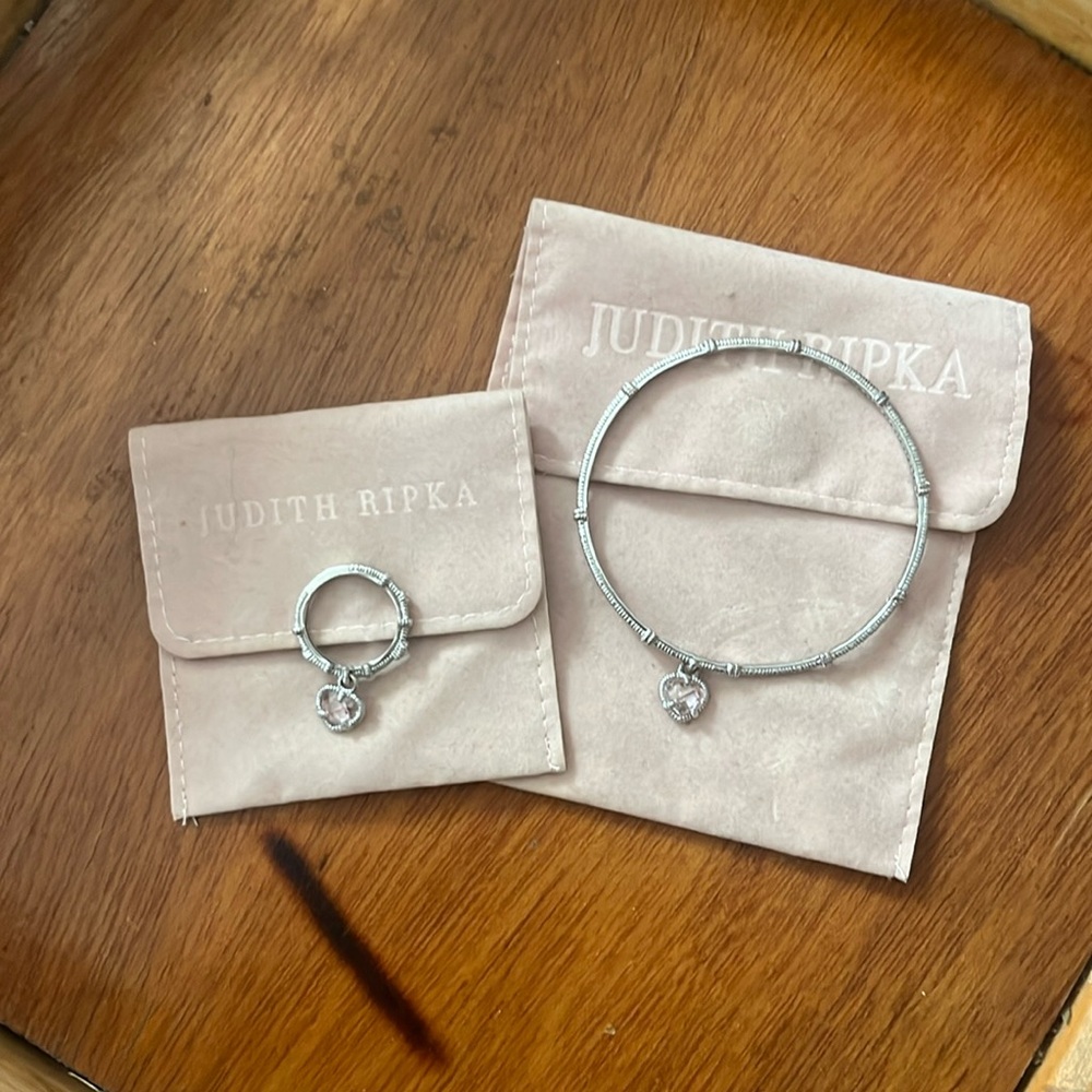 Judith Ripka Sterling Silver Bracelet and Ring Set Pink Heart